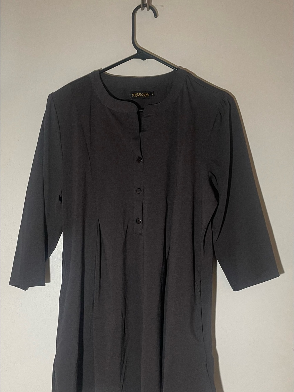 #23 Reborn J Gray with pockets Pleated Button Chiffon 3/4 Sleeve Tunic Dress L